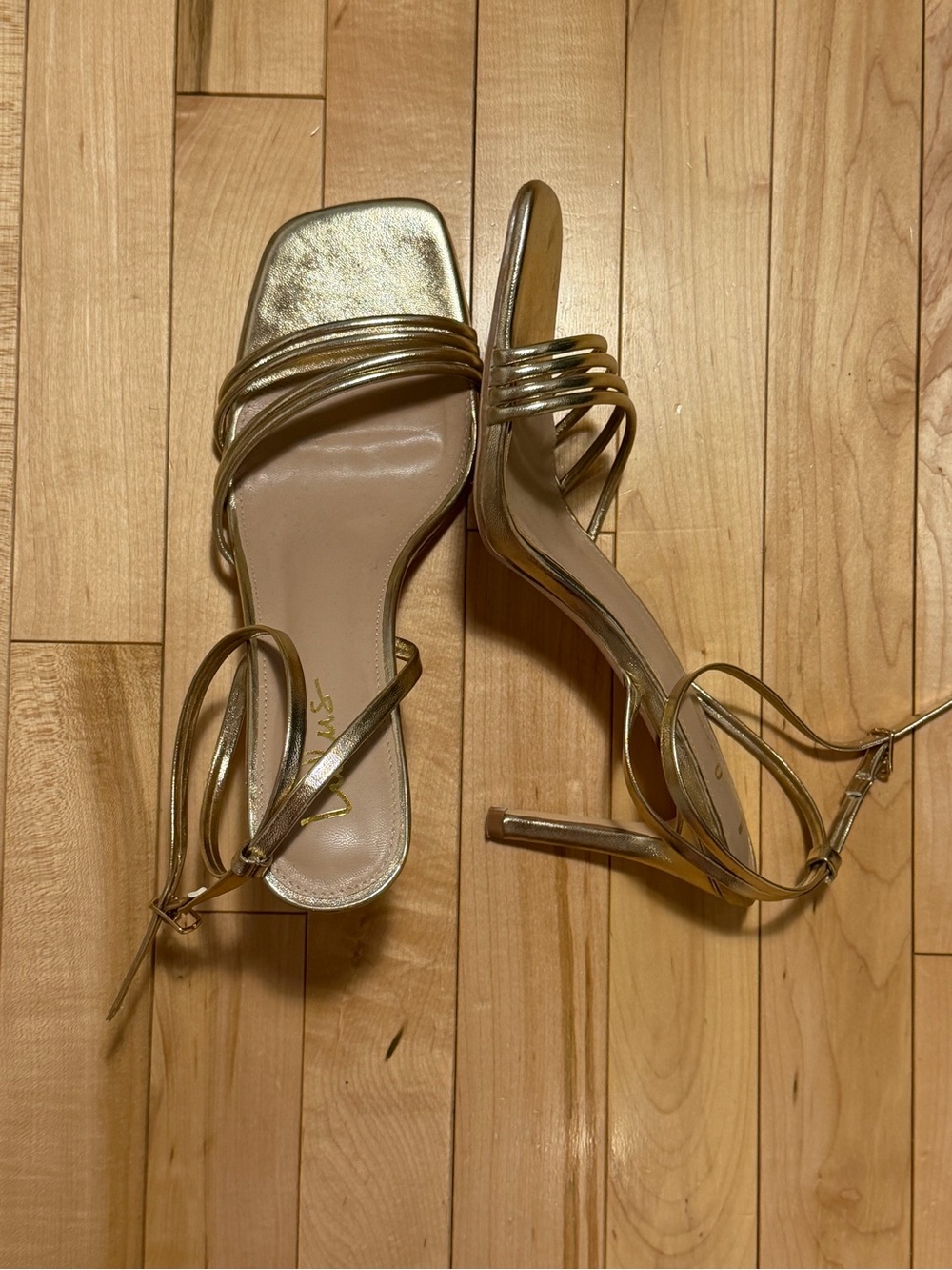 Lulu's Gold Metallic Wrap-Ankle Strappy Square-Toe Heels